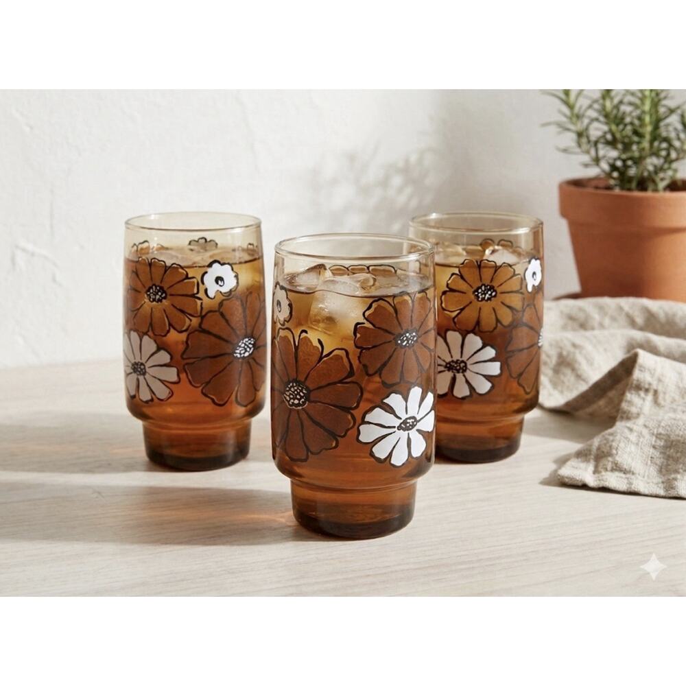 Camellia By Tawney Glasses Tumbler Libbey Brown Floral Retro, MCM (3), EUC